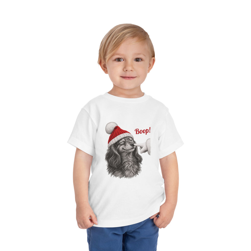 Boy wearing the White Dachshund Boop Christmas Toddler T-Shirt