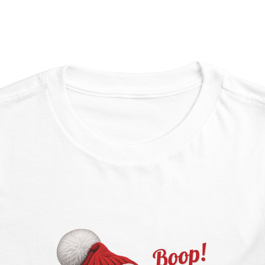 Dachshund Boop Christmas Toddler T-Shirt, front collar close-up