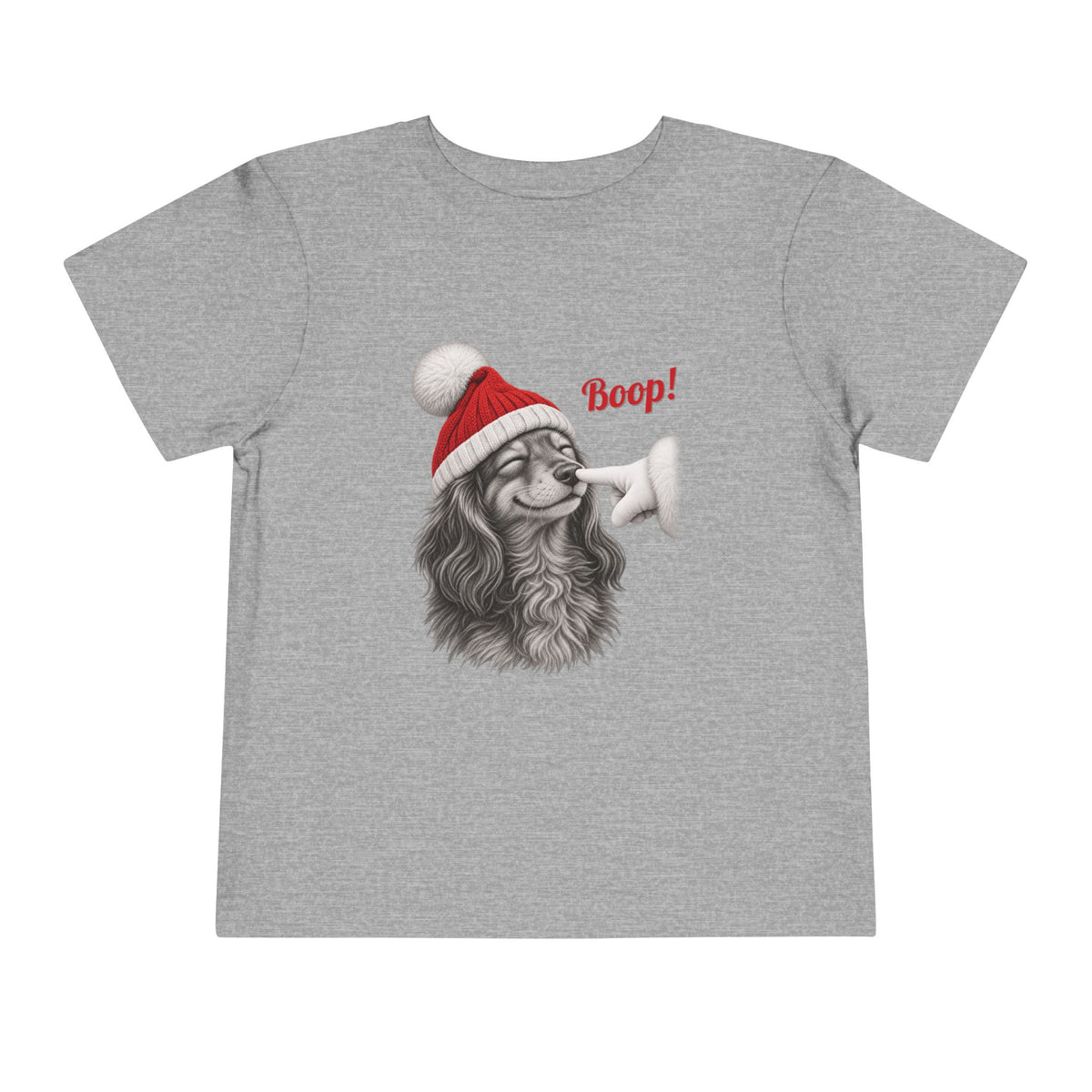 Athletic Heather Dachshund Boop Christmas toddler t-shirt with a smiling dachshund in a Santa hat getting a nose boop, front view