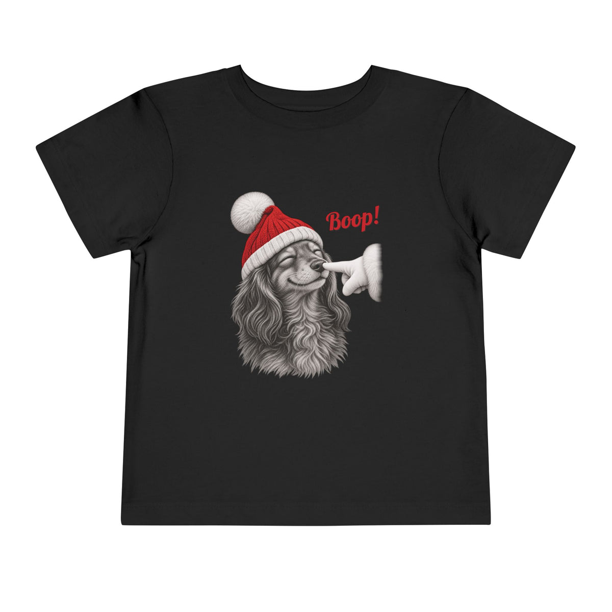 Black Dachshund Boop Christmas toddler t-shirt with a smiling dachshund in a Santa hat getting a nose boop, front view