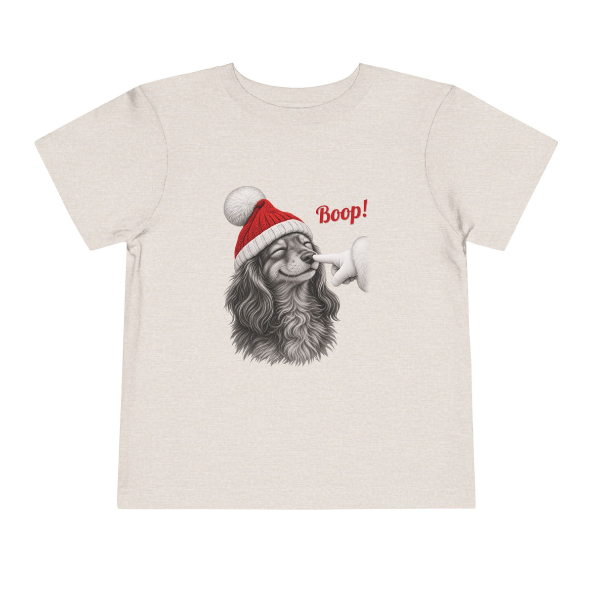 Heather Dust Dachshund Boop Christmas toddler t-shirt with a smiling dachshund in a Santa hat getting a nose boop, front view