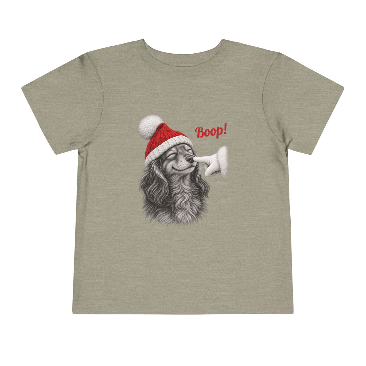 Heather Stone Dachshund Boop Christmas toddler t-shirt with a smiling dachshund in a Santa hat getting a nose boop, front view