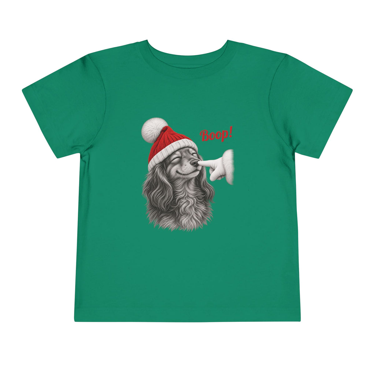 Kelly Dachshund Boop Christmas toddler t-shirt with a smiling dachshund in a Santa hat getting a nose boop, front view