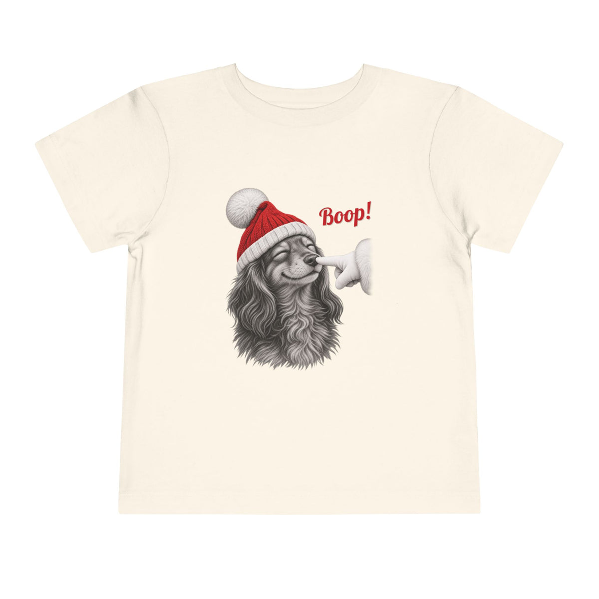 Natural Dachshund Boop Christmas toddler t-shirt with a smiling dachshund in a Santa hat getting a nose boop, front view