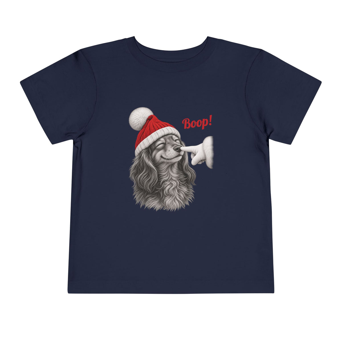 Navy Dachshund Boop Christmas toddler t-shirt with a smiling dachshund in a Santa hat getting a nose boop, front view
