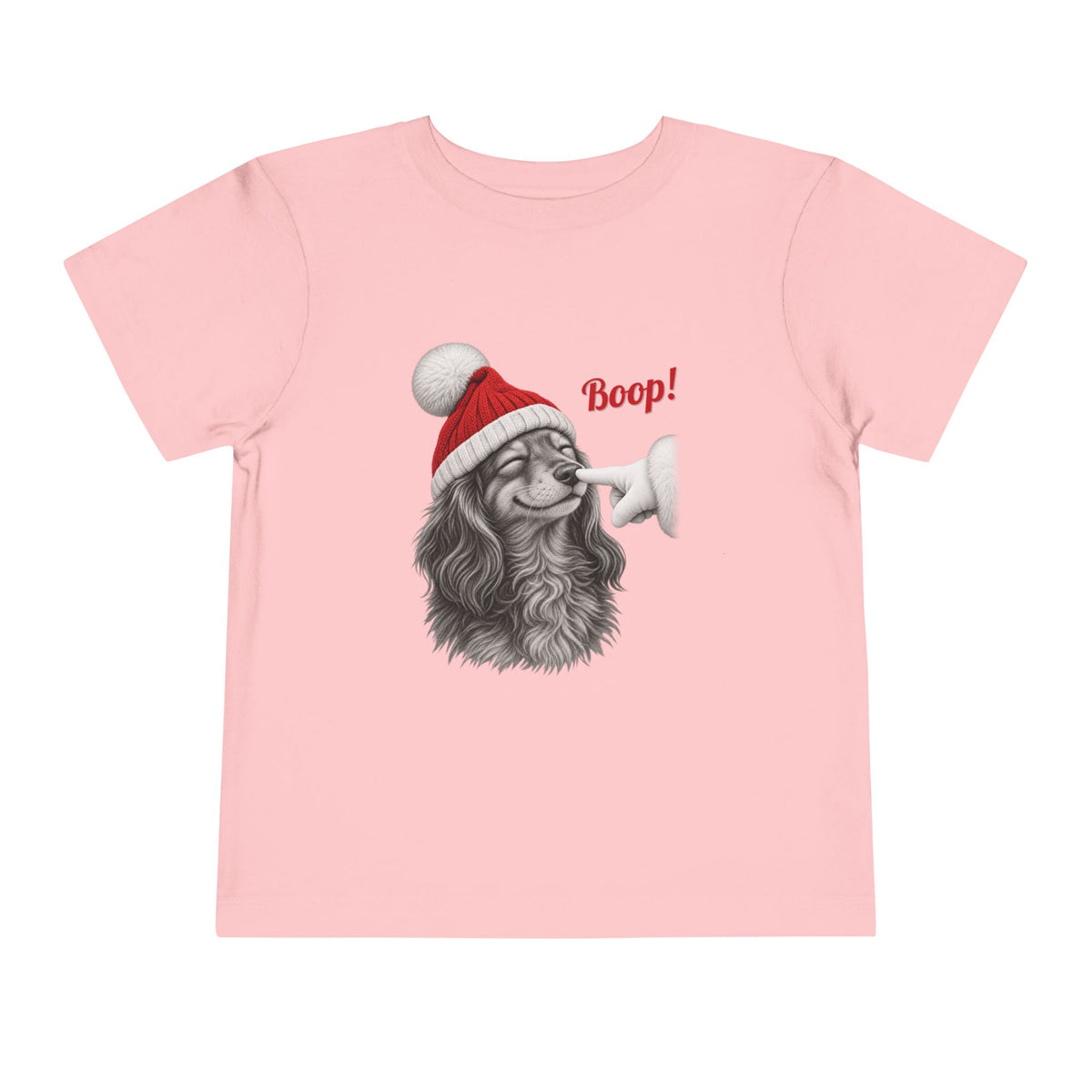Pink Dachshund Boop Christmas toddler t-shirt with a smiling dachshund in a Santa hat getting a nose boop, front view