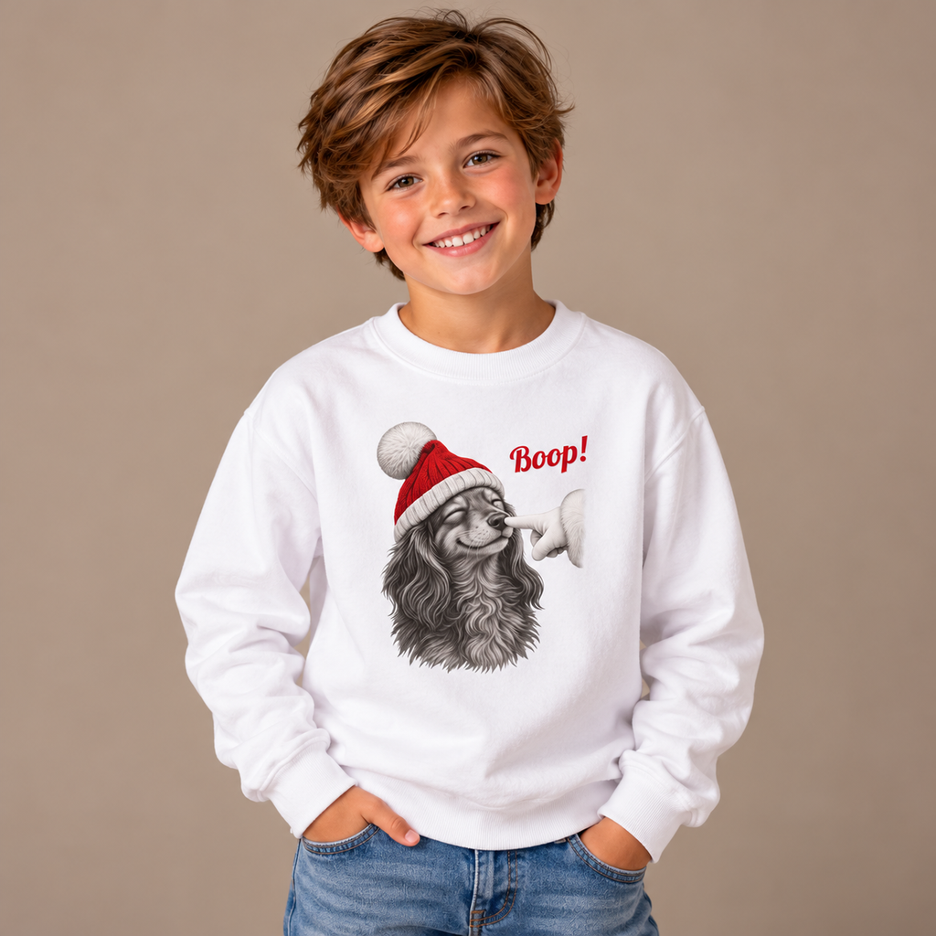 Boy wearing the White Dachshund Boop Christmas Youth Sweatshirt