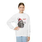 Girl wearing the White Dachshund Boop Christmas Youth Sweatshirt