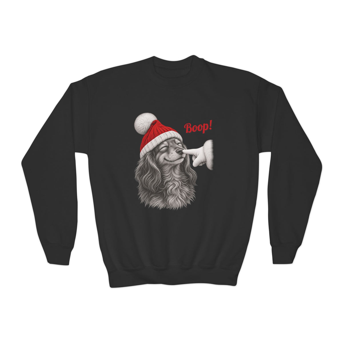 Black Dachshund Boop Christmas youth sweatshirt with a smiling dachshund in a Santa hat getting a nose boop, front view