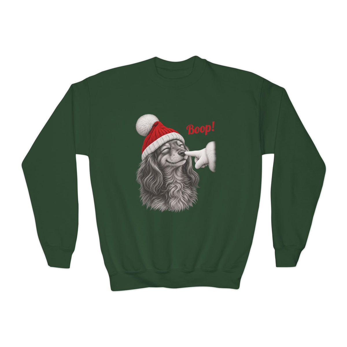 Forest Green Dachshund Boop Christmas youth sweatshirt with a smiling dachshund in a Santa hat getting a nose boop, front view