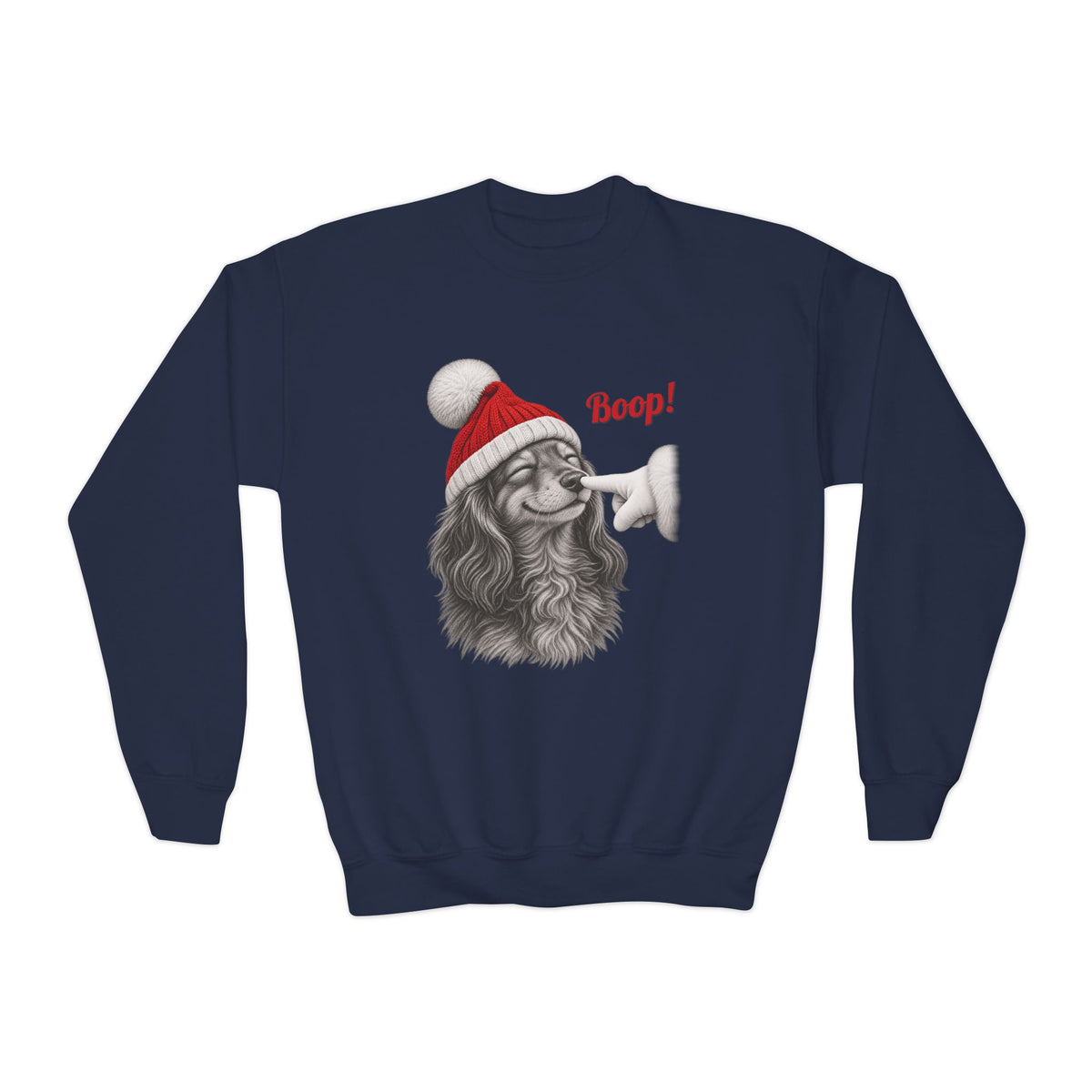 Navy Dachshund Boop Christmas youth sweatshirt with a smiling dachshund in a Santa hat getting a nose boop, front view
