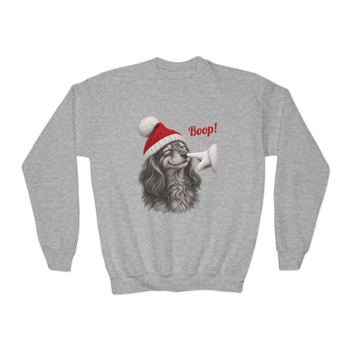 Sport Grey Dachshund Boop Christmas youth sweatshirt with a smiling dachshund in a Santa hat getting a nose boop, front view