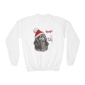 White Dachshund Boop Christmas youth sweatshirt with a smiling dachshund in a Santa hat getting a nose boop, front view
