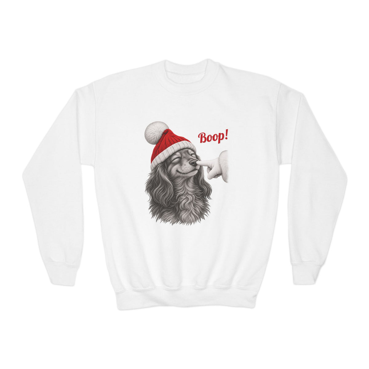 White Dachshund Boop Christmas youth sweatshirt with a smiling dachshund in a Santa hat getting a nose boop, front view