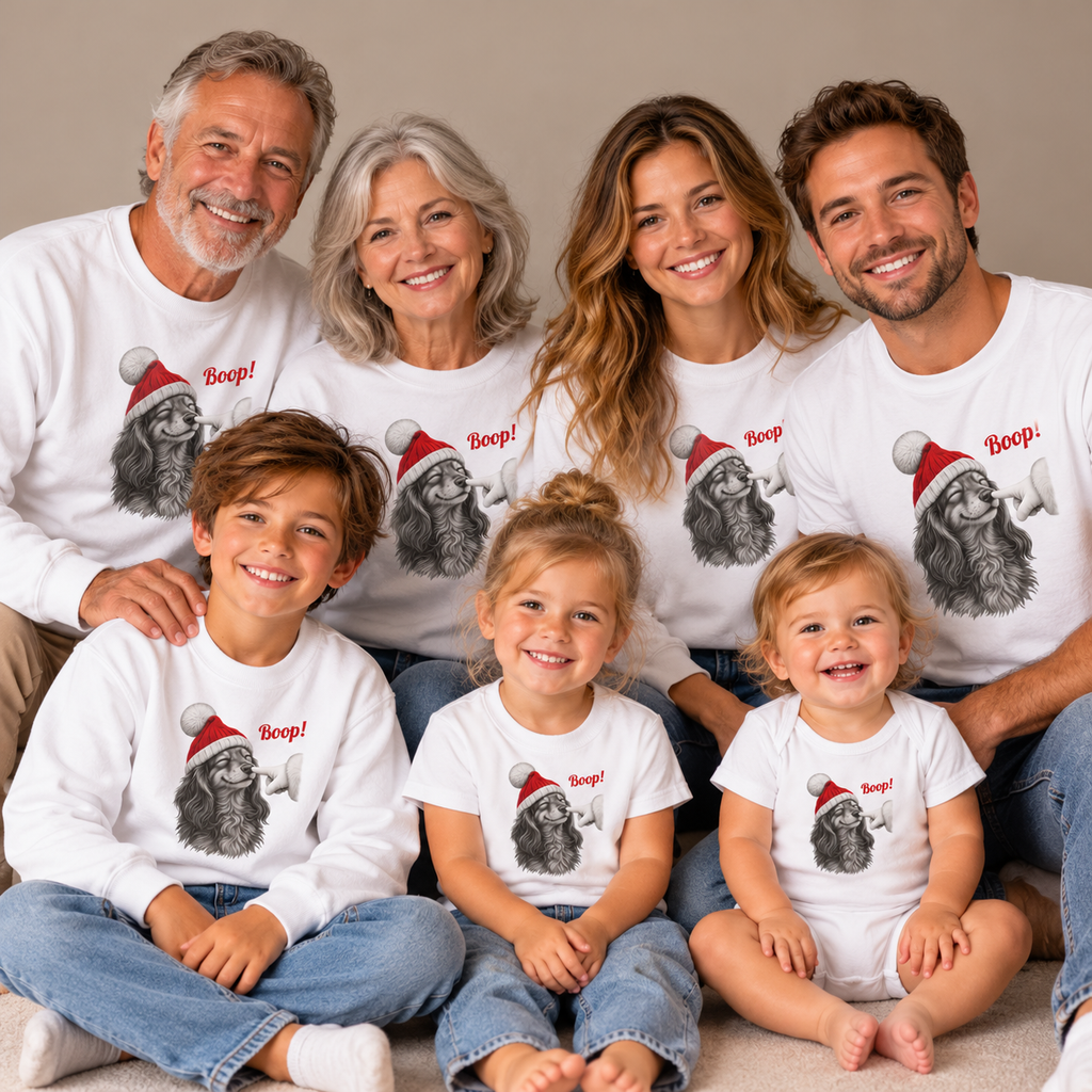 Three generations wearing matching Dachshund Boop Christmas sweatshirts, t-shirts and a baby bodysuit