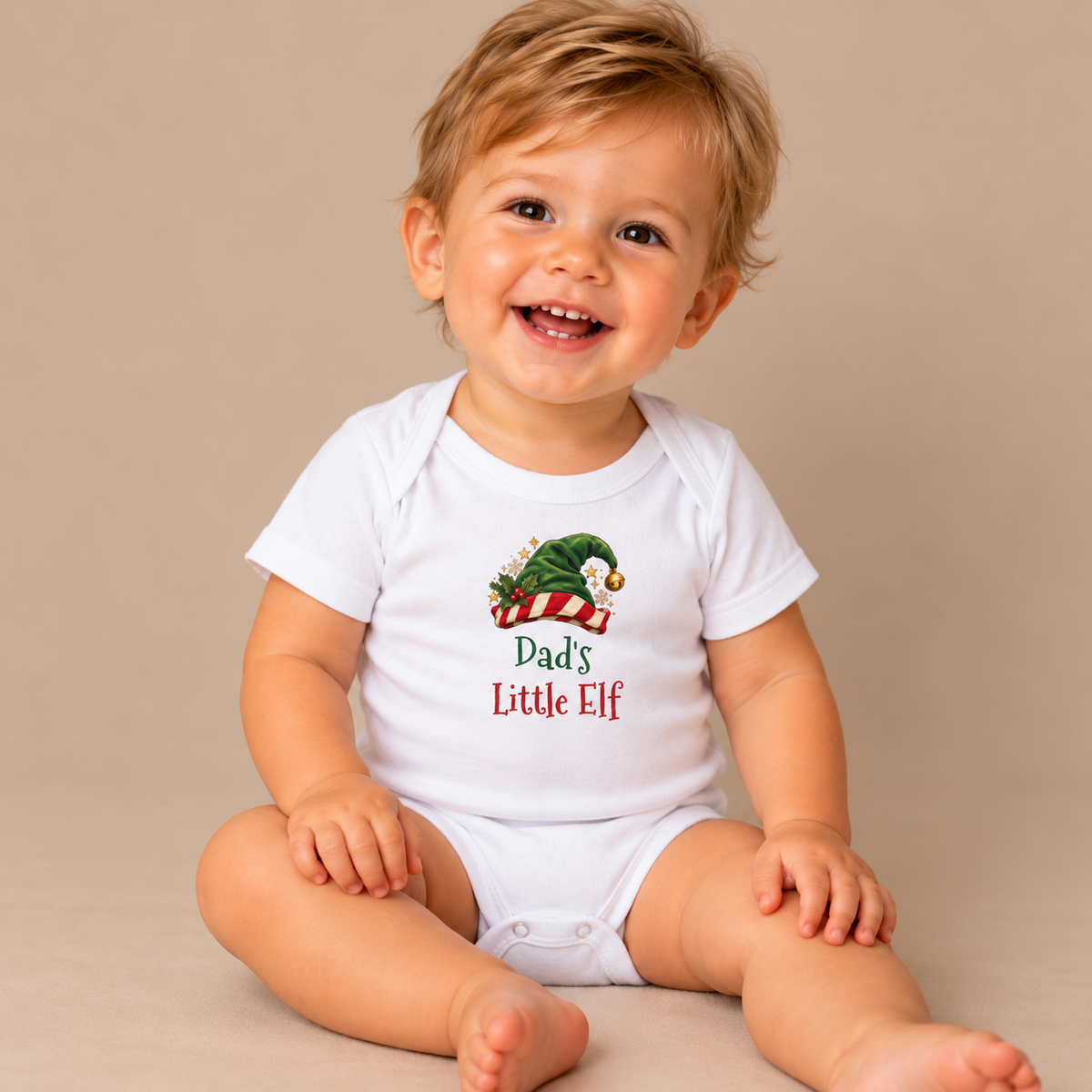 Baby wearing the White Dad's Little Elf Baby Bodysuit