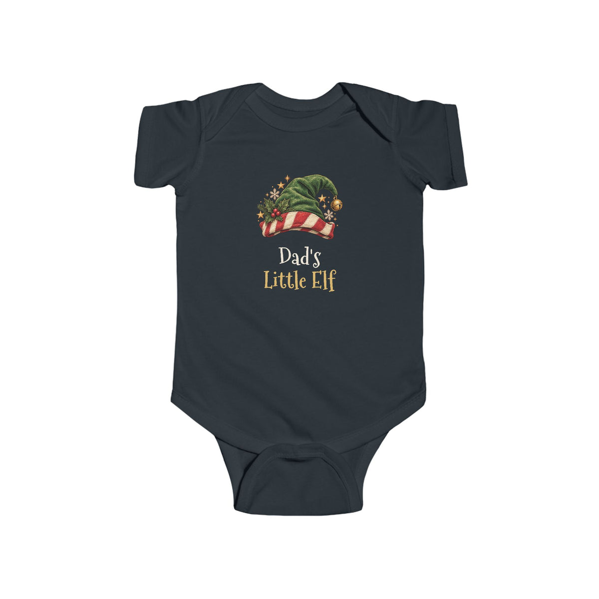 Black Dad's Little Elf baby bodysuit with a green elf hat and holly, front view