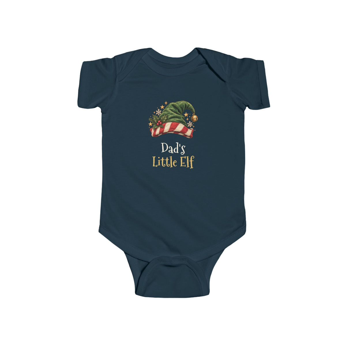 Navy Dad's Little Elf baby bodysuit with a green elf hat and holly, front view