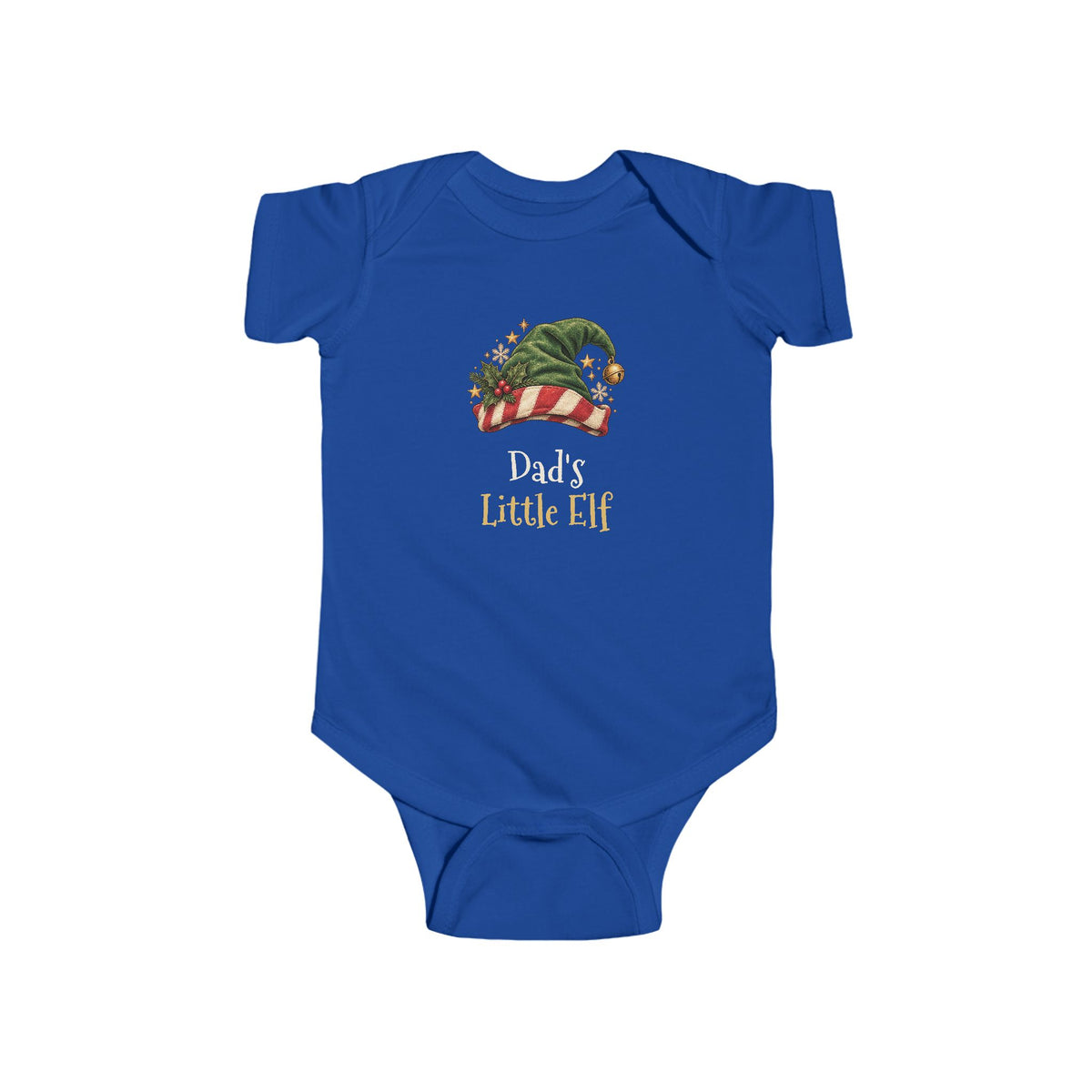 Royal Dad's Little Elf baby bodysuit with a green elf hat and holly, front view