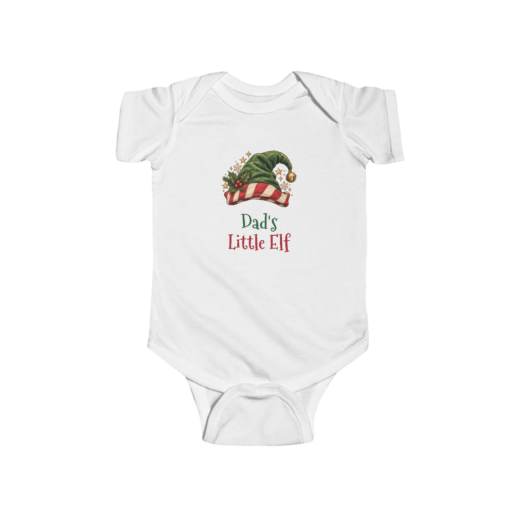 White Dad's Little Elf baby bodysuit with a green elf hat and holly, front view