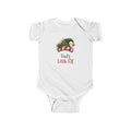 White Dad's Little Elf baby bodysuit with a green elf hat and holly, front view