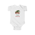 White Dad's Little Elf baby bodysuit with a green elf hat and holly, front view