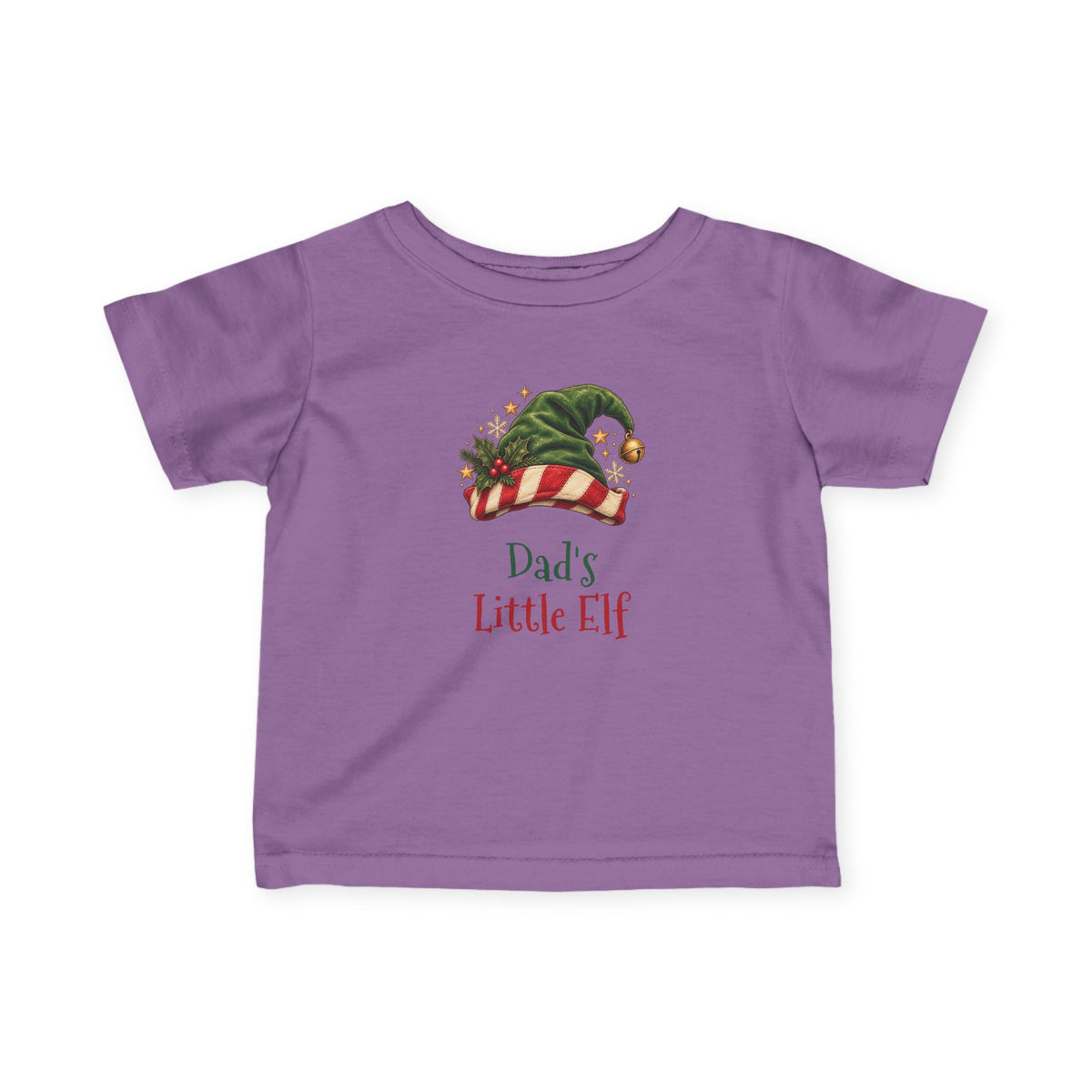 Lavender Dad's Little Elf baby t-shirt with a green elf hat and holly, front view