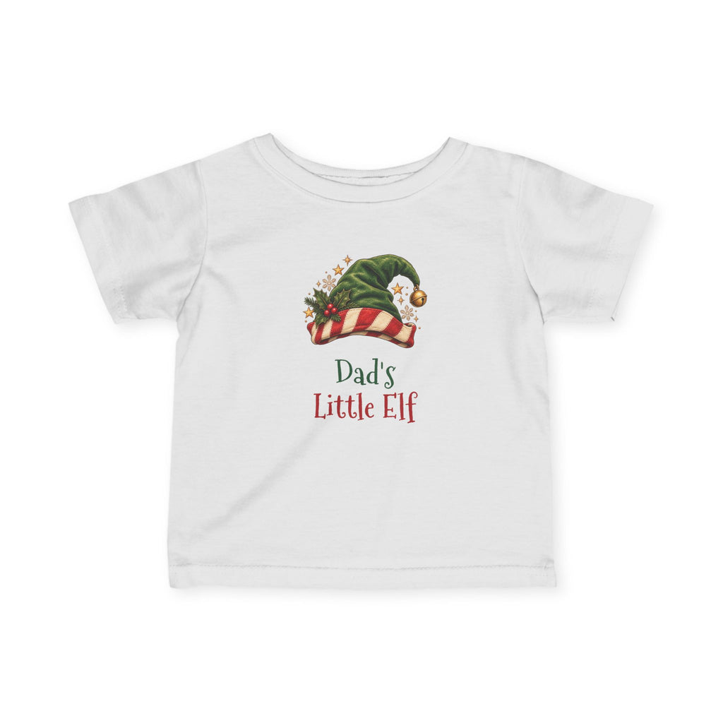 White Dad's Little Elf baby t-shirt with a green elf hat and holly, front view