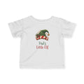 White Dad's Little Elf baby t-shirt with a green elf hat and holly, front view