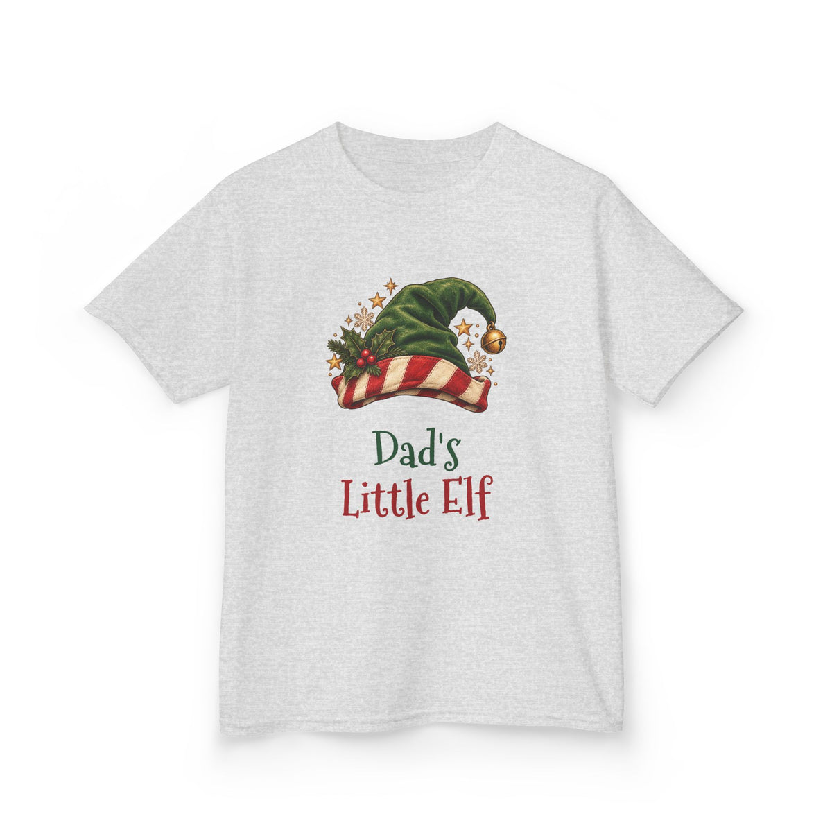 Ash Dad's Little Elf kids t-shirt with a green elf hat and holly, front view