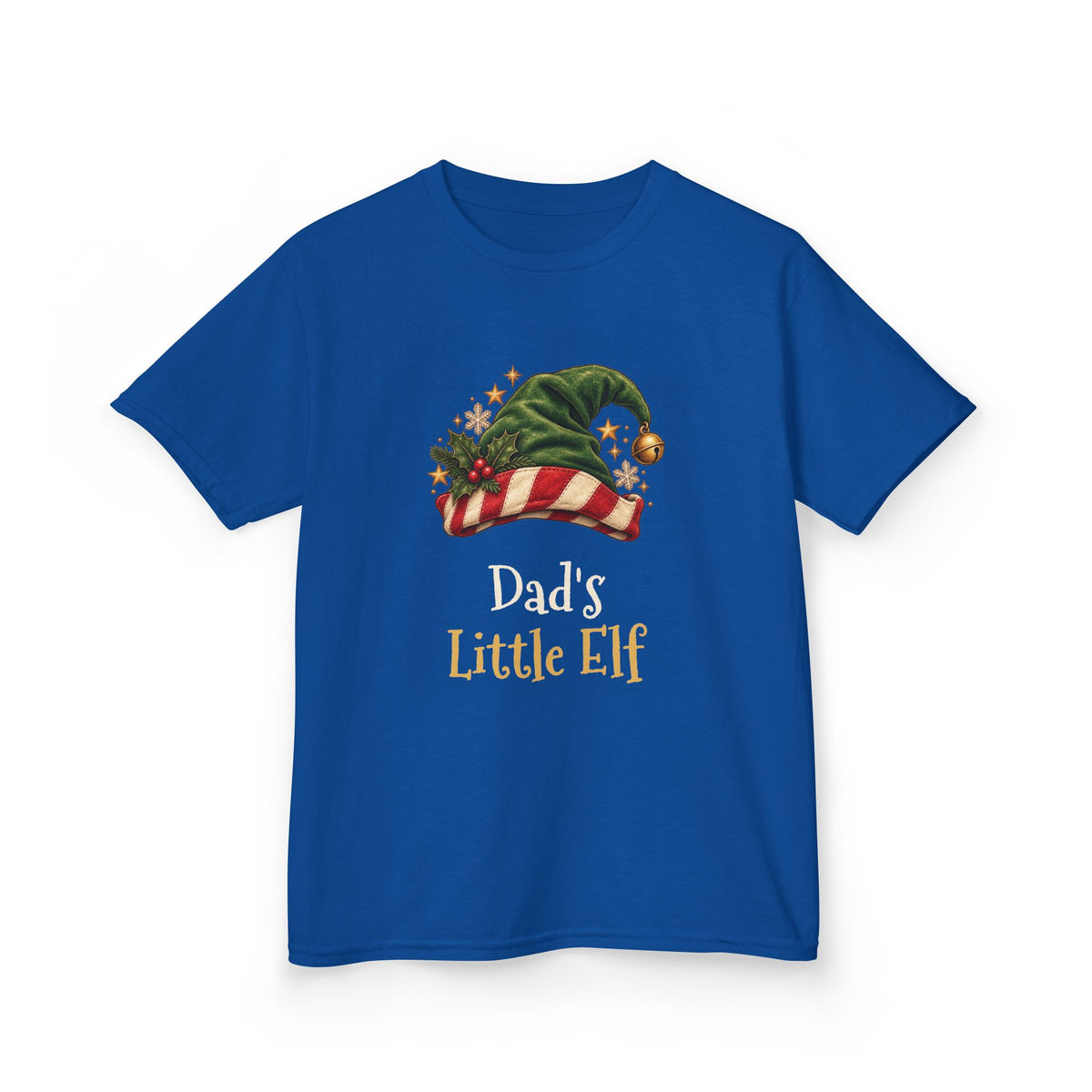 Royal Dad's Little Elf kids t-shirt with a green elf hat and holly, front view