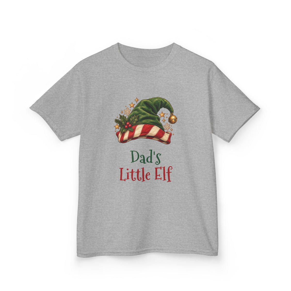 Sport Grey Dad's Little Elf kids t-shirt with a green elf hat and holly, front view