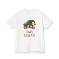 White Dad's Little Elf kids t-shirt with a green elf hat and holly, front view