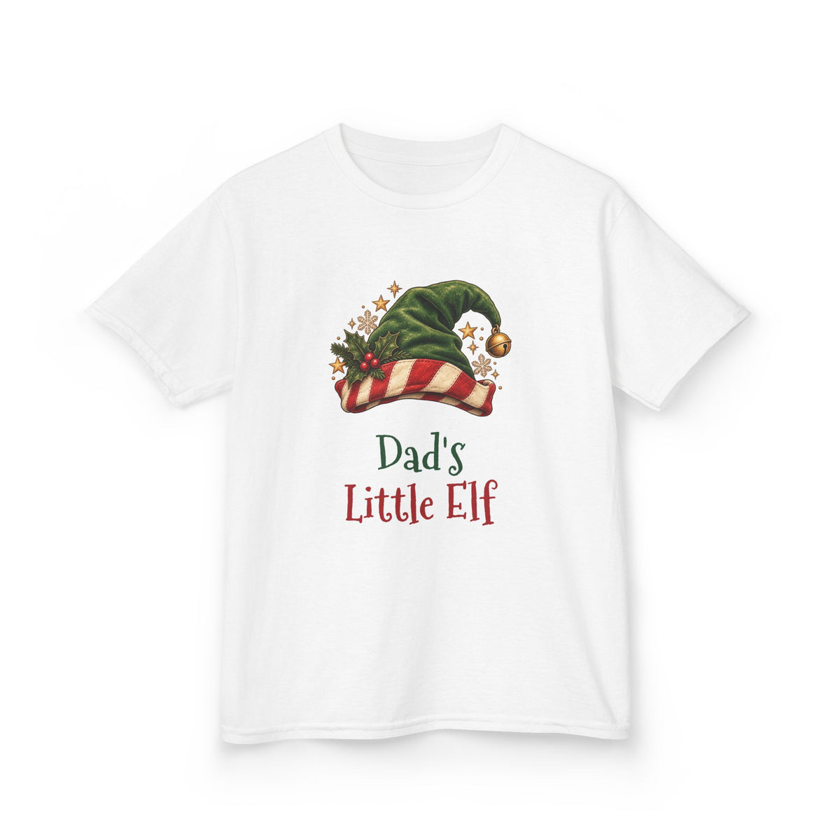 White Dad's Little Elf kids t-shirt with a green elf hat and holly, front view