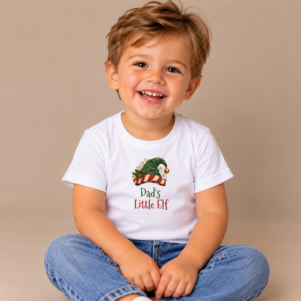 Boy wearing the White Dad's Little Elf Toddler T-Shirt
