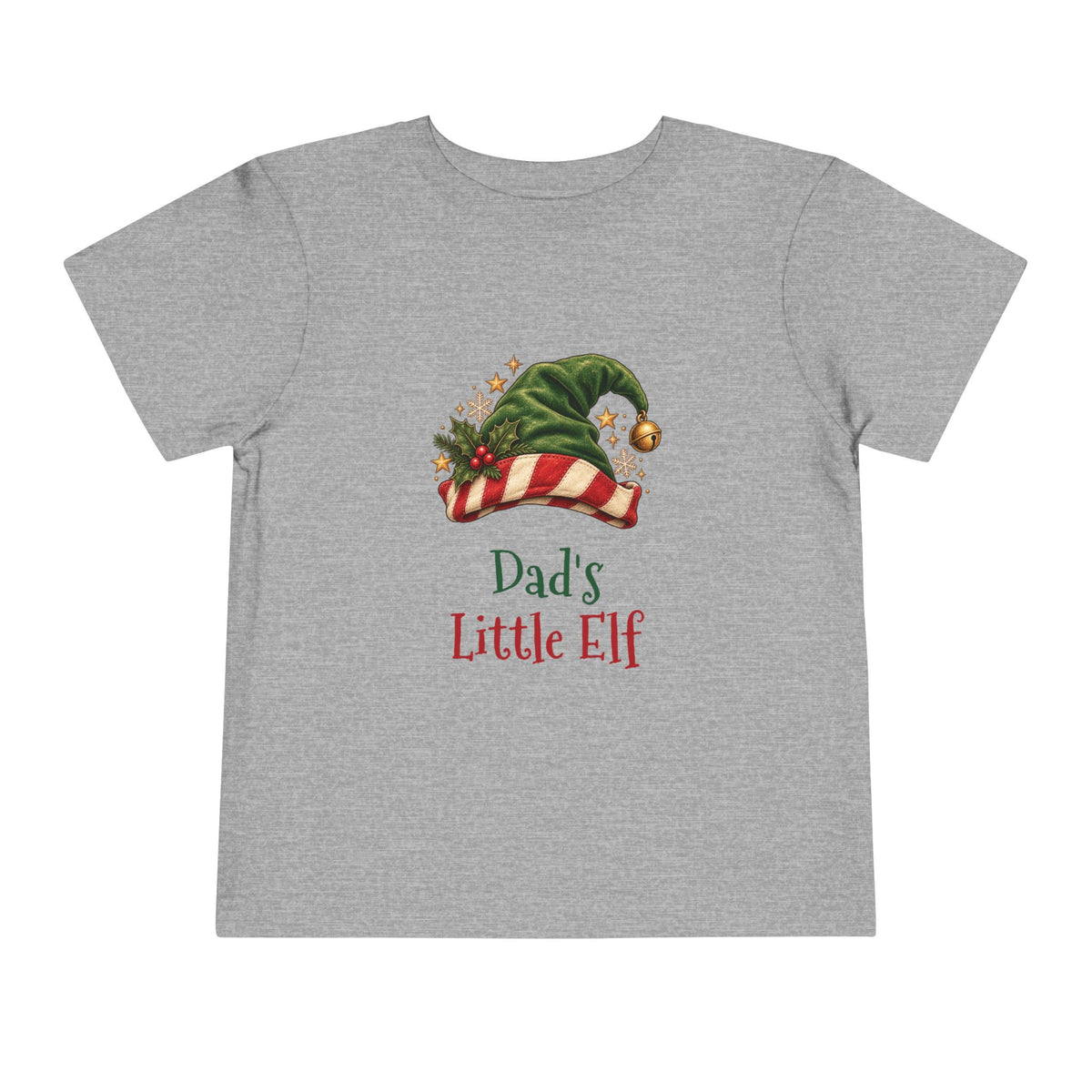 Athletic Heather Dad's Little Elf toddler t-shirt with a green elf hat and holly, front view
