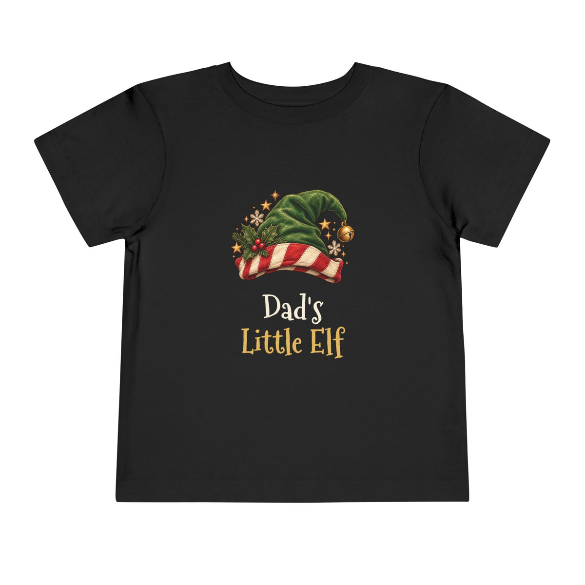 Black Dad's Little Elf toddler t-shirt with a green elf hat and holly, front view