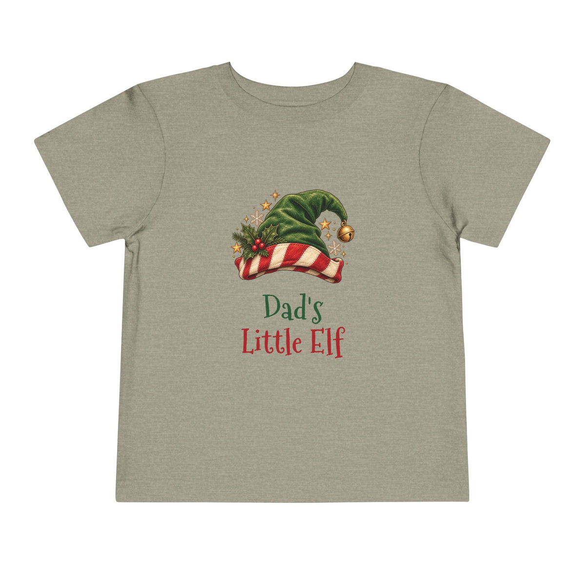 Heather Stone Dad's Little Elf toddler t-shirt with a green elf hat and holly, front view