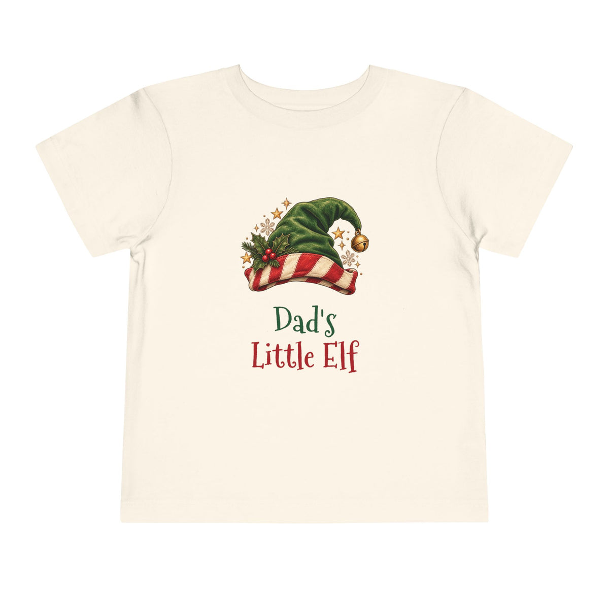 Natural Dad's Little Elf toddler t-shirt with a green elf hat and holly, front view