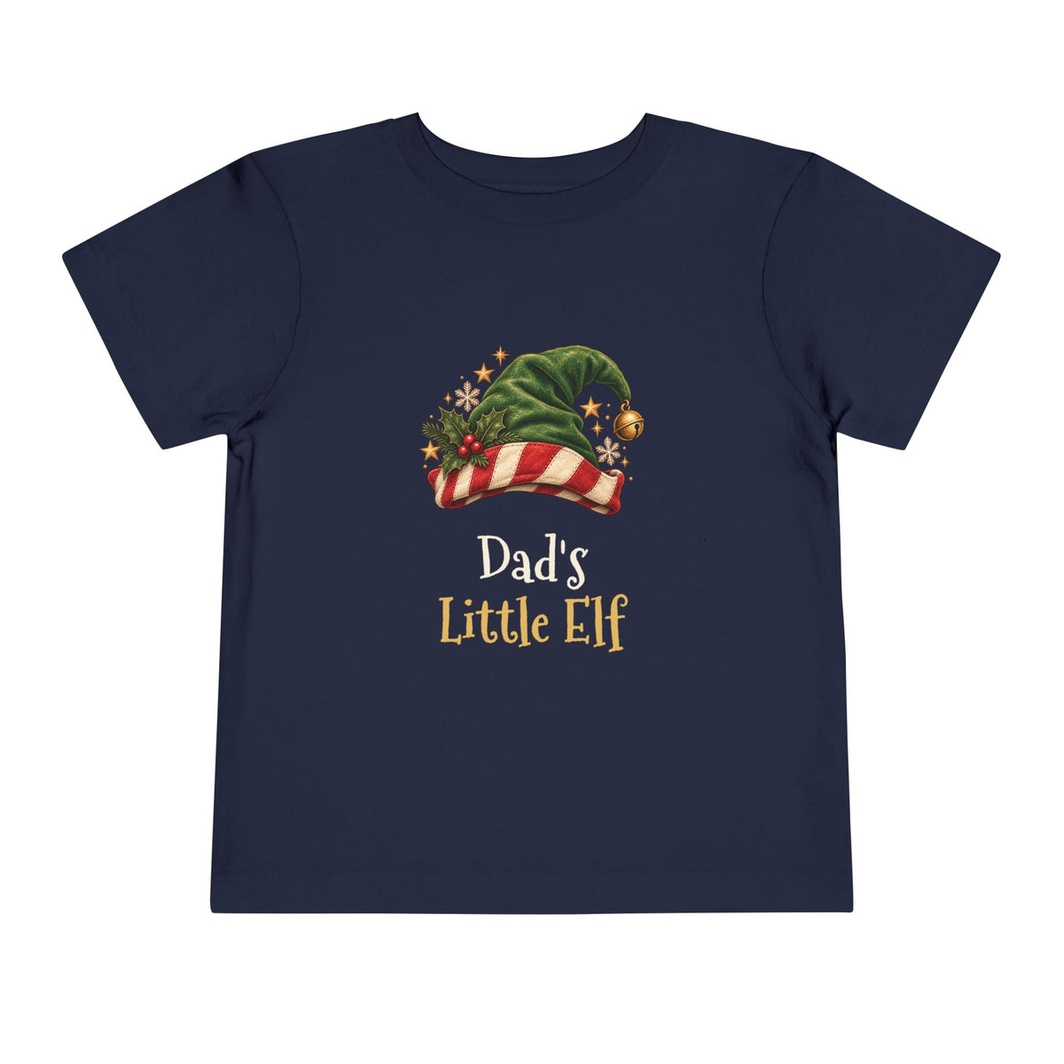 Navy Dad's Little Elf toddler t-shirt with a green elf hat and holly, front view