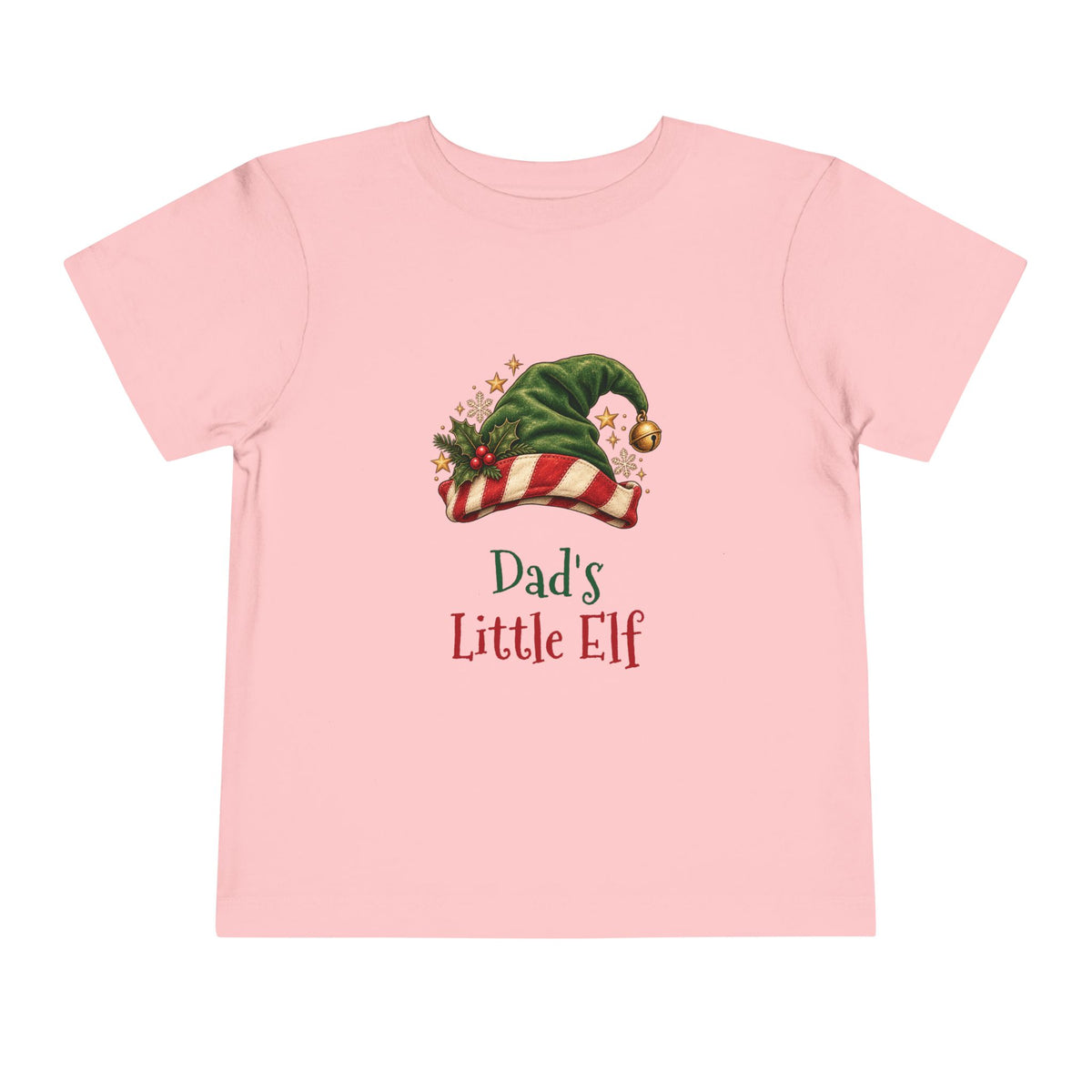 Pink Dad's Little Elf toddler t-shirt with a green elf hat and holly, front view