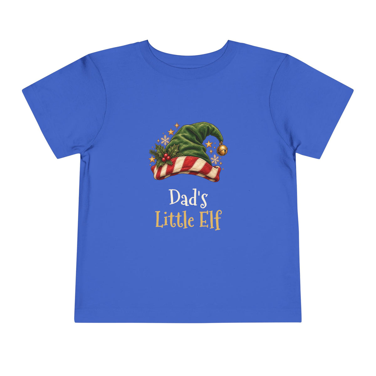 True Royal Dad's Little Elf toddler t-shirt with a green elf hat and holly, front view