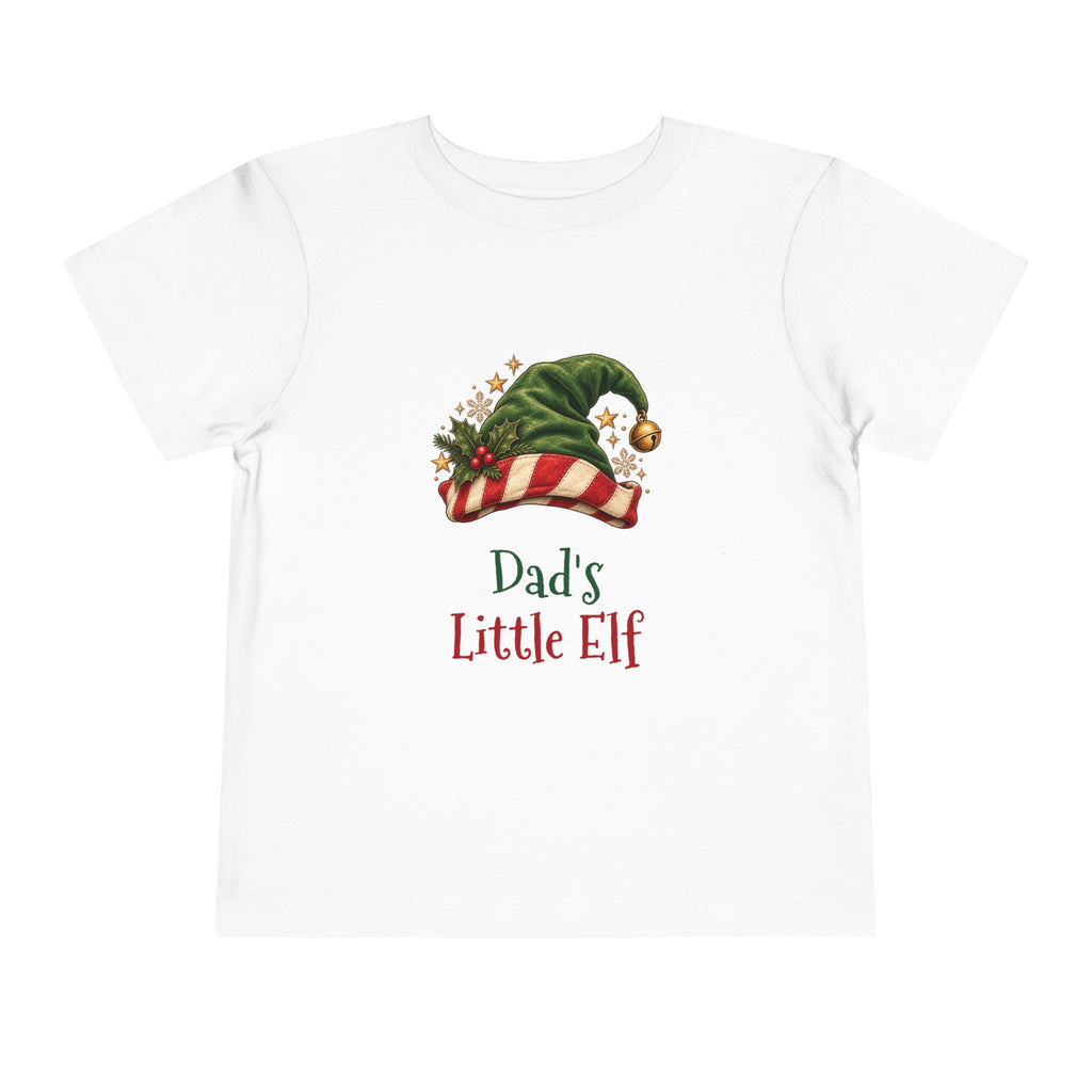 White Dad's Little Elf toddler t-shirt with a green elf hat and holly, front view