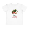 White Dad's Little Elf toddler t-shirt with a green elf hat and holly, front view