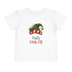 White Dad's Little Elf toddler t-shirt with a green elf hat and holly, front view