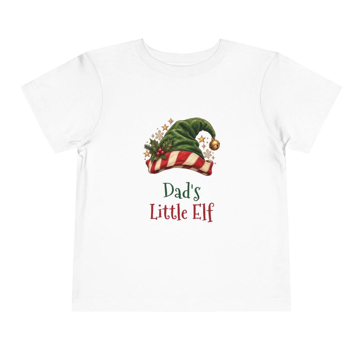 White Dad's Little Elf toddler t-shirt with a green elf hat and holly, front view