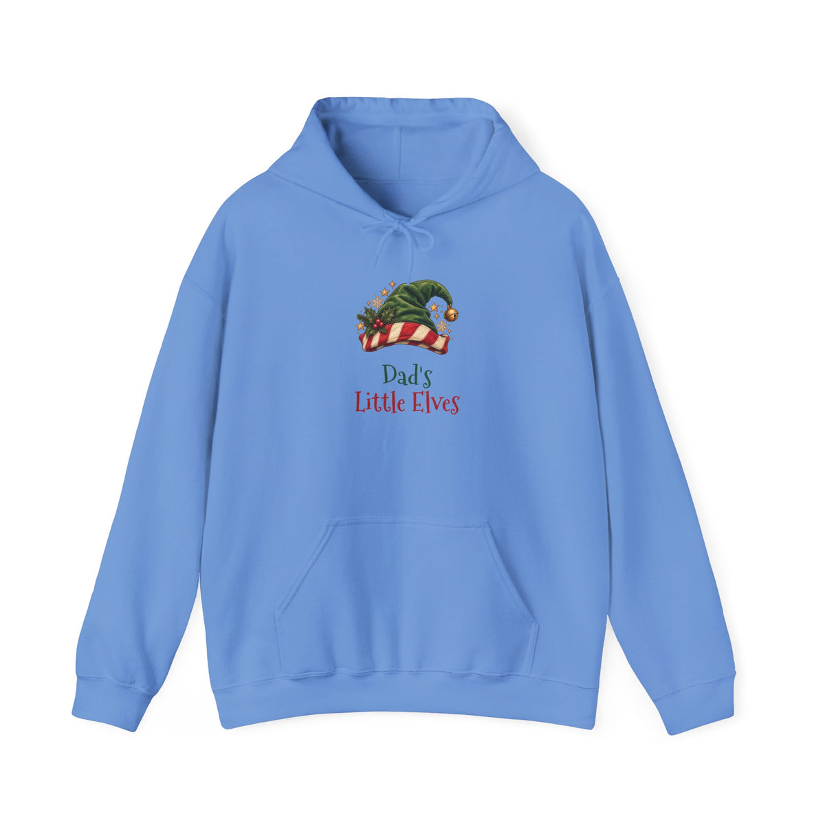 Carolina Blue Dad's Little Elves hoodie with a green elf hat and holly, front view