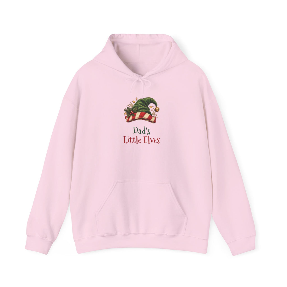 Light Pink Dad's Little Elves hoodie with a green elf hat and holly, front view