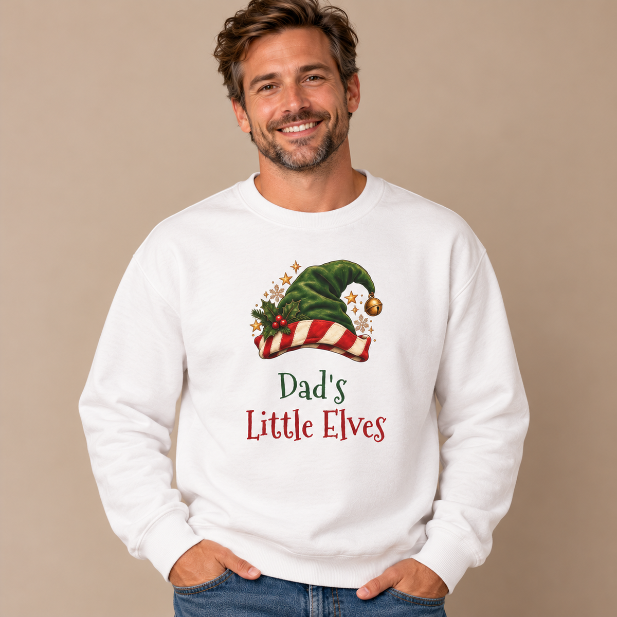 Man wearing the White Dad's Little Elves Sweatshirt with jeans
