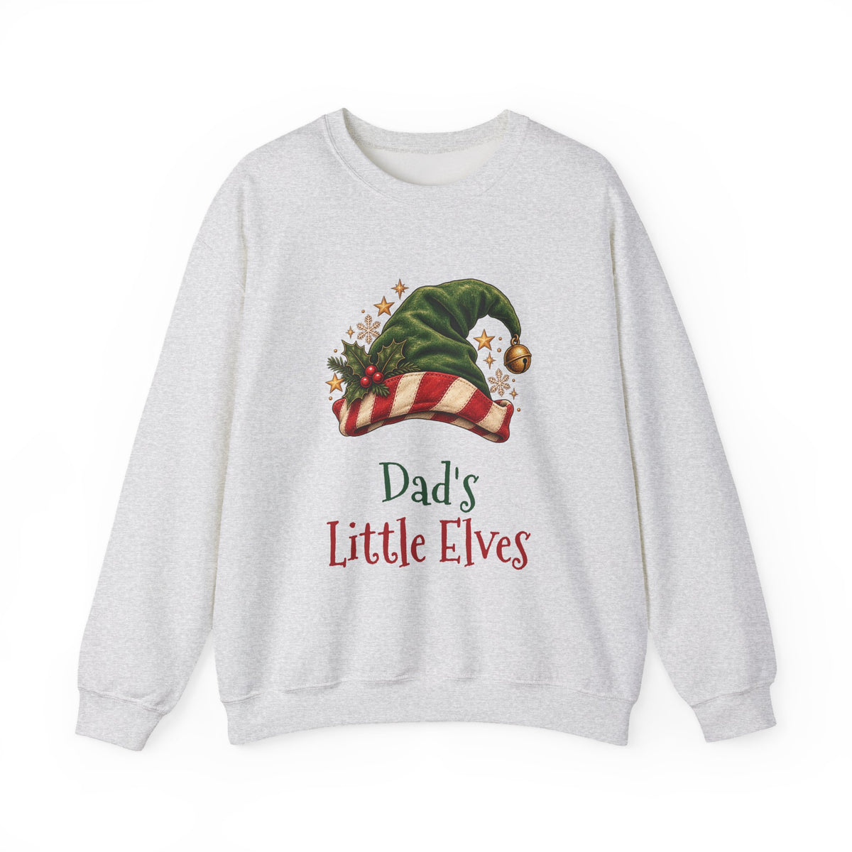 Ash Dad's Little Elves sweatshirt with a green elf hat and holly, front view